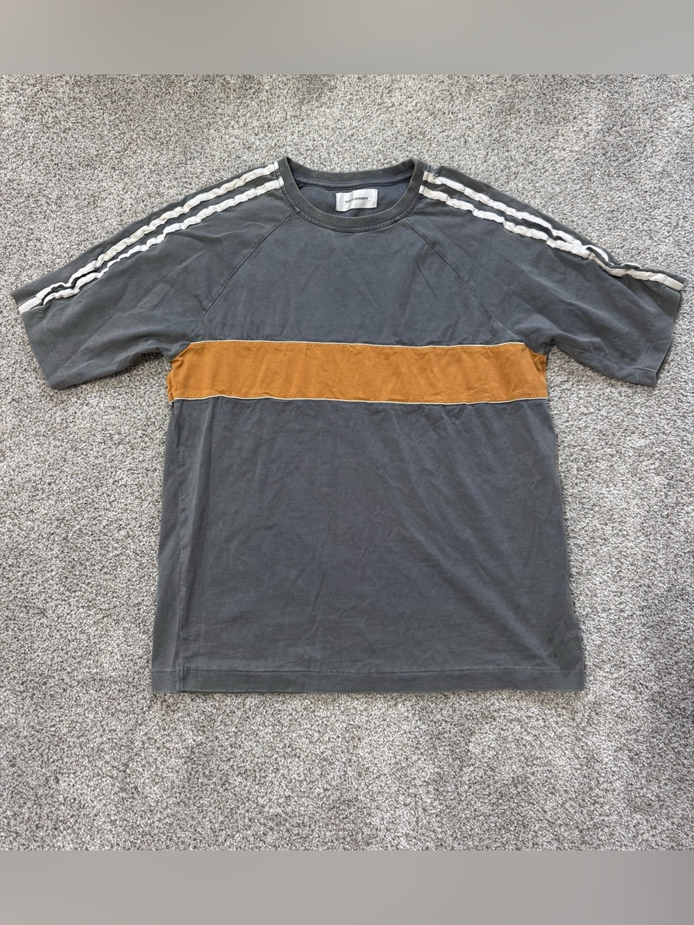 Wales Bonner Grey/Mustard George Stripe T-Shirt, Cotton, Silk | Rare | XS/44